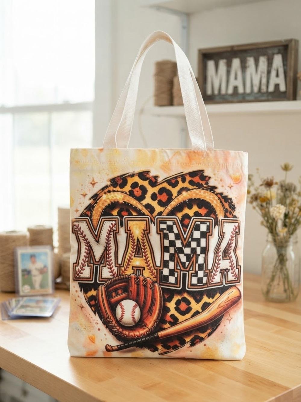 Mama Graphic Tote Bag – Cream with Leopard and Baseball Accents